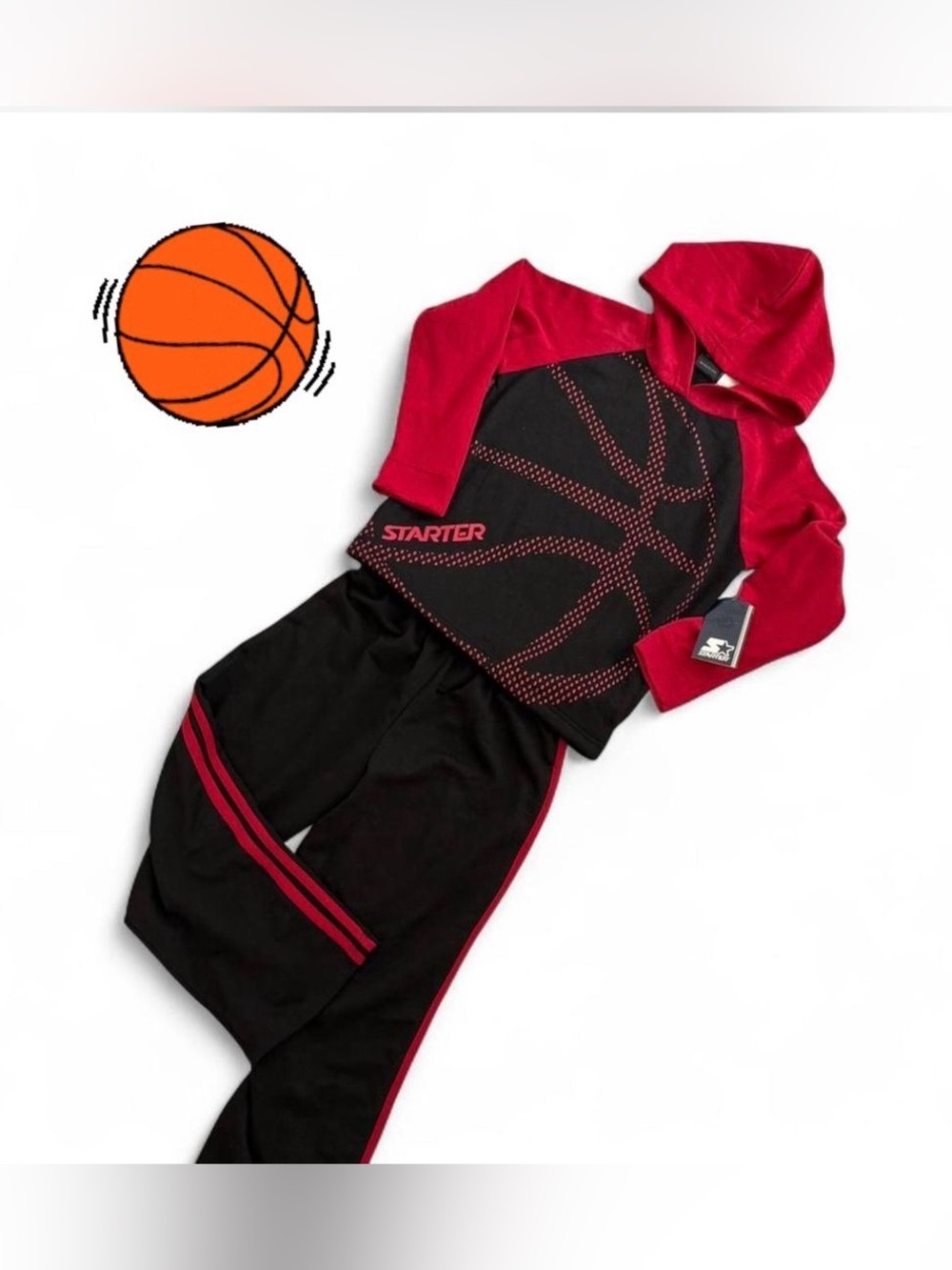 Starter Boys 2Pc Fleece Active Set Hoodie Pants Red Black Size 8 Soft W/Pockets